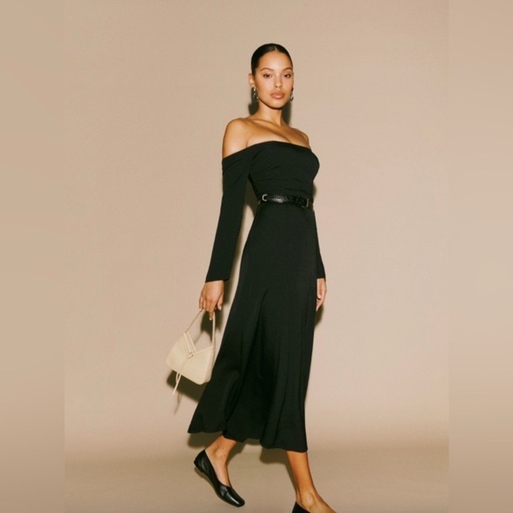 Reformation Black Off-Shoulder Long Sleeve Dress - Size 8